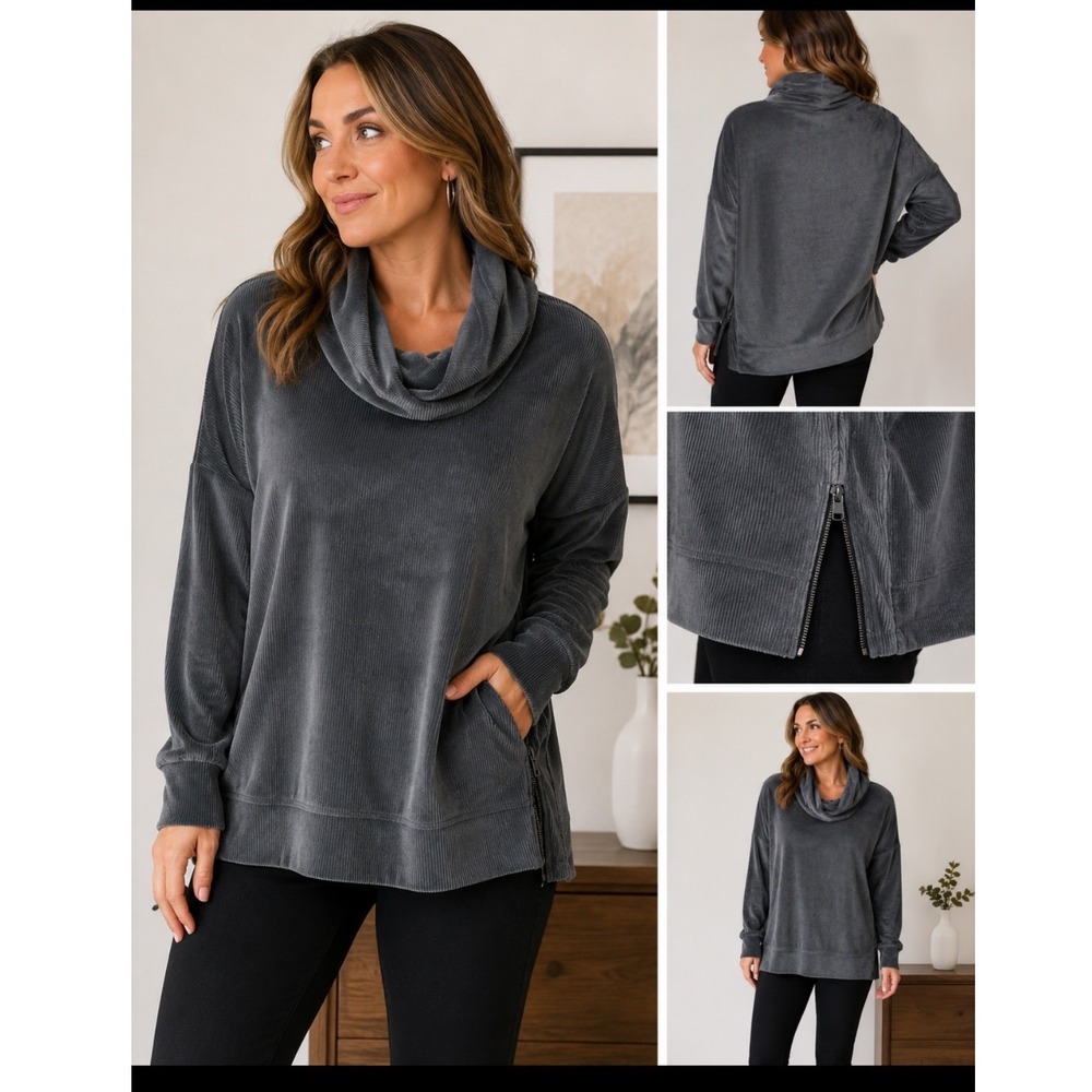 Cable & Gauge Studio Gray Ribbed Corduroy Cowl Neck Side Zip Pullover Top Medium